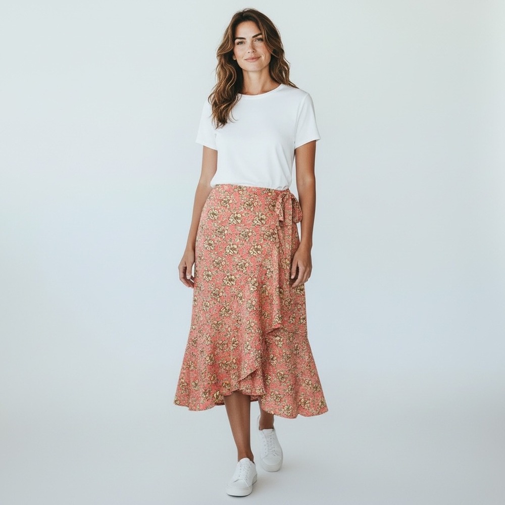 MAX STUDIO New Floral Wrap Midi‎ Skirt Sz S Ruffle Hem Cottage Coquette Fairy